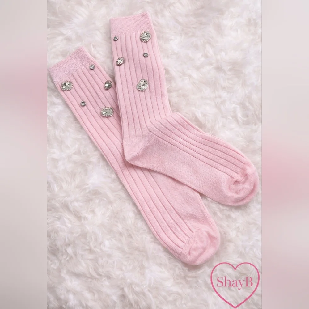 SHEIN Pink Ribbed Crew Socks with Rhinestone Accents